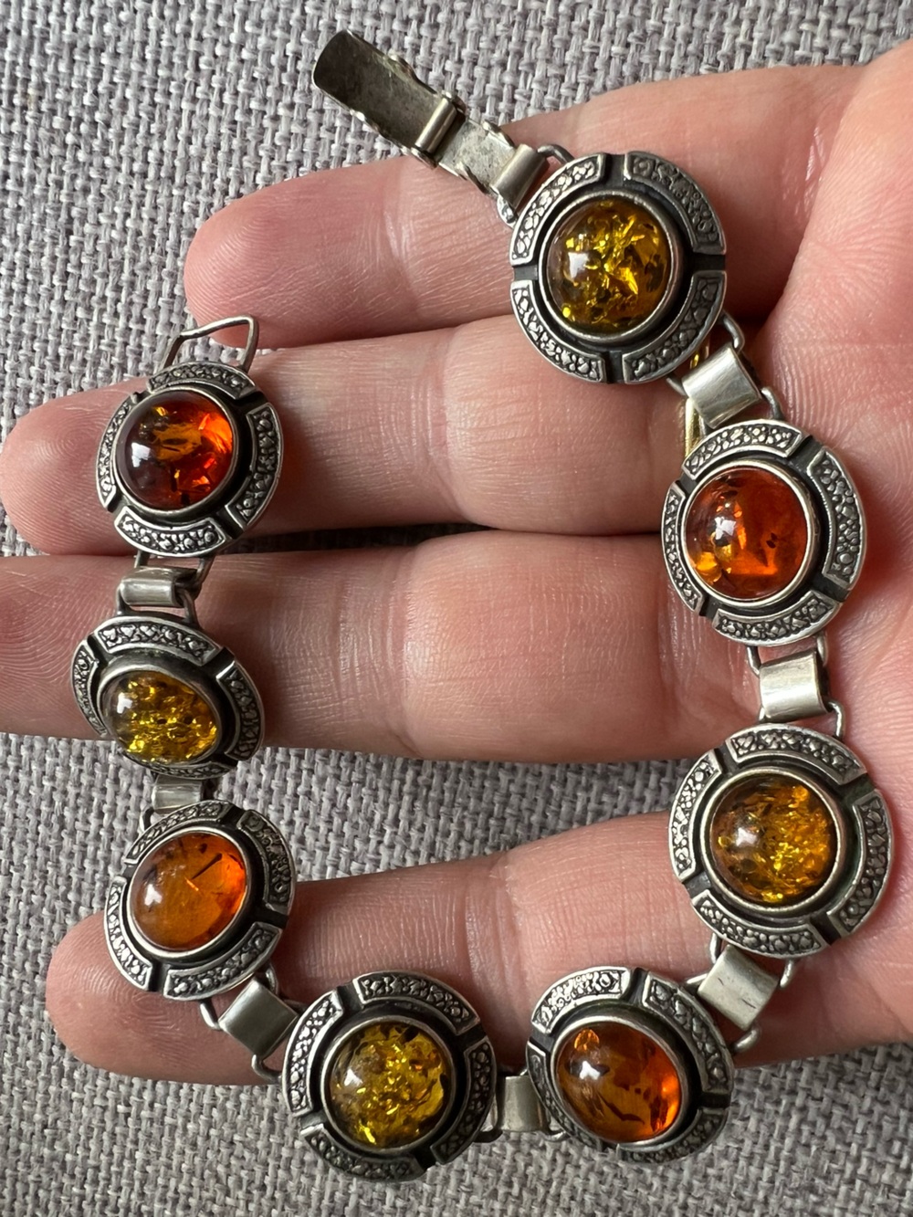 Sterling Silver Amber Link Bracelet - Honey & Cognac Colors